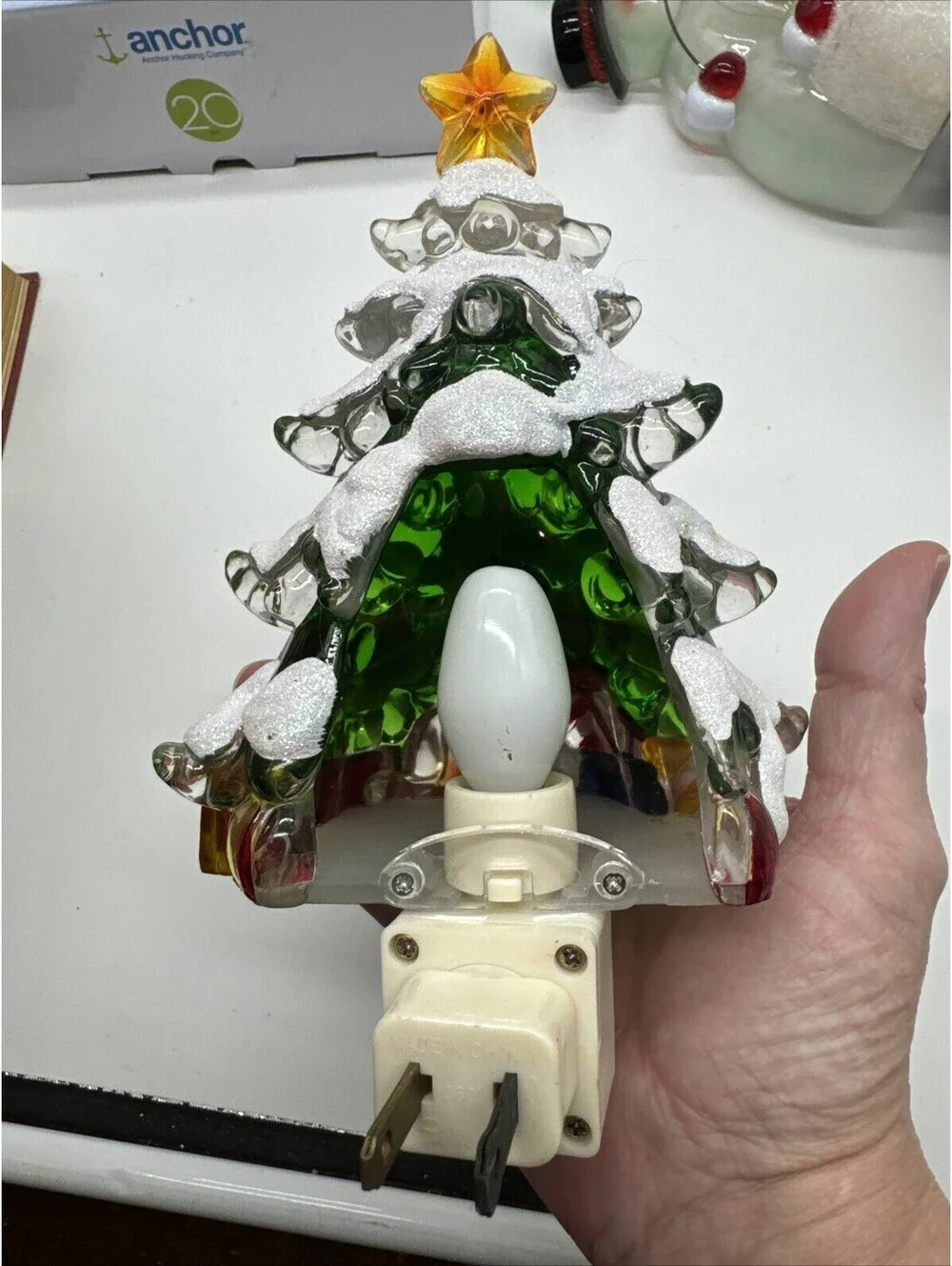 Christmas Tree Night Light Presents Teddy Bear Acrylic Plastic Glitter Snow 6”